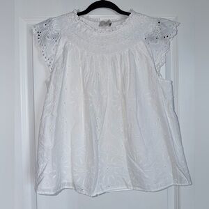 LOFT Women’s White Eyelet Smocked Top size Medium Petite